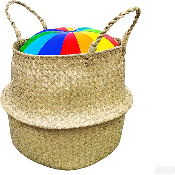 FixtureDisplays 14" x 16" x 10.5" Woven Seagrass Belly Basket Plant Basket with Handles Handmade Home Decor Basket for Storage Plants, Laundry, Picnic, Plant Pot Cover, Beach Bag and Grocery Basket