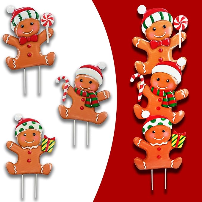 3 Pack Metal Christmas Yard Signs Decor for Multiple Stacked,Voumsil Christmas Yard Stakes with Gingerbread Man Fall Yard Decor for Outside Garden Yard Lawn Porch