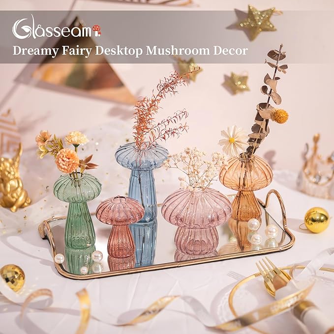 Glasseam Mushroom Propagation Stations for Plants: Colored Hand-Blown Cute Glass Planters for Indoor Plants - 5Pcs Small Hydroponic Terrarium Jars for Home Decor - Gifts for Women Mom Friends