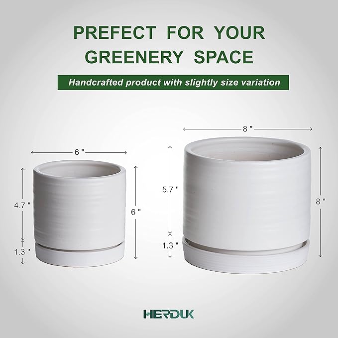 HERDUK 6 + 8 Inch Plant Pots, Ceramic Planter Pot with Drainage Hole & Saucer, Indoor/Outdoor Cylinder Round Planter Pot, Matte White