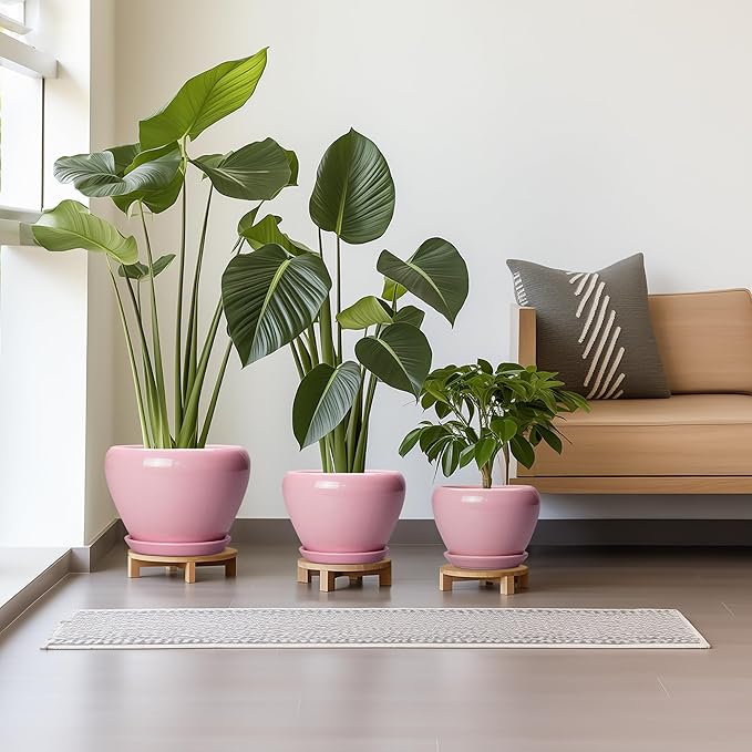 Ceramic Planters, 10+8+6 Inch Ceramic Plant Pots with Drainage Holes and Saucers, Flower Pots for Indoor Outdoor Plants, Modern Round Planter, Office Decor, Plant Lover Gifts, Set of 3, Pink