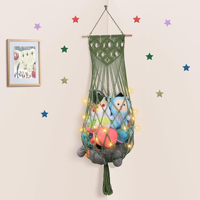 Stuffed Animal Storage, 63'' Jumbo Stuffed Animal Hammock Corner Wall Ceiling Over Door Hanging Toy Hammock Organizer, Avocado Green Toy Net w/ Boho Tassels Star Light for Nursery Boys Girls