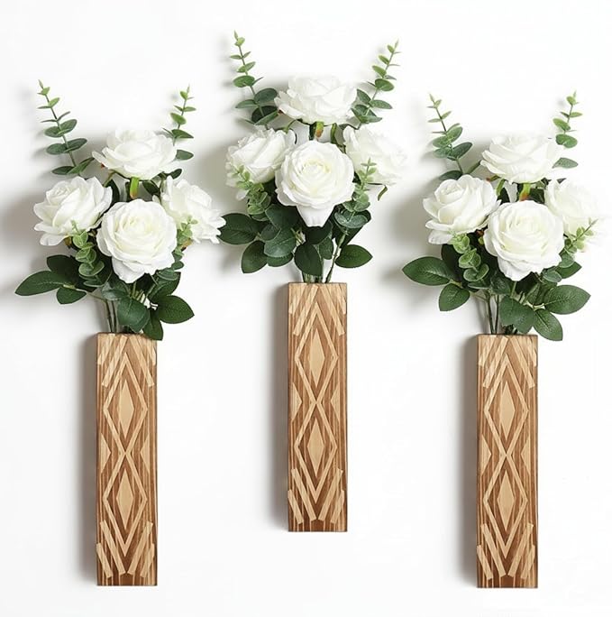 3 Pack Boho Wood Wall Planters for Indoor Plants- Geometric Hanging Vases, Modern Farmhouse Wall Decor Holders for Entryway, Bathroom & Living Spaces, Plants Excluded (Log Color-a)