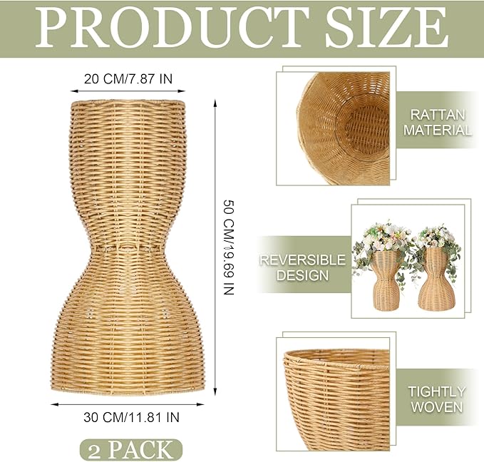 2 Pcs 20 in Tall Wicker Reversible Outdoor Planter Basket Boho Rattan Plant Pots Decorative Woven Flower Pots for Porch Home Patio Backyard Indoor Garden, Dual Size 12 Inch 8 Inch