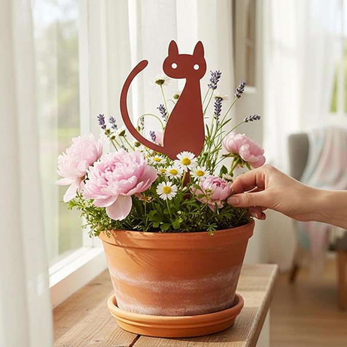 Elegant Cat Metal Garden Stake – Powder-Coated Steel Plant Pick for Pots & Planters, Rustic Indoor/Outdoor Decorative Accent