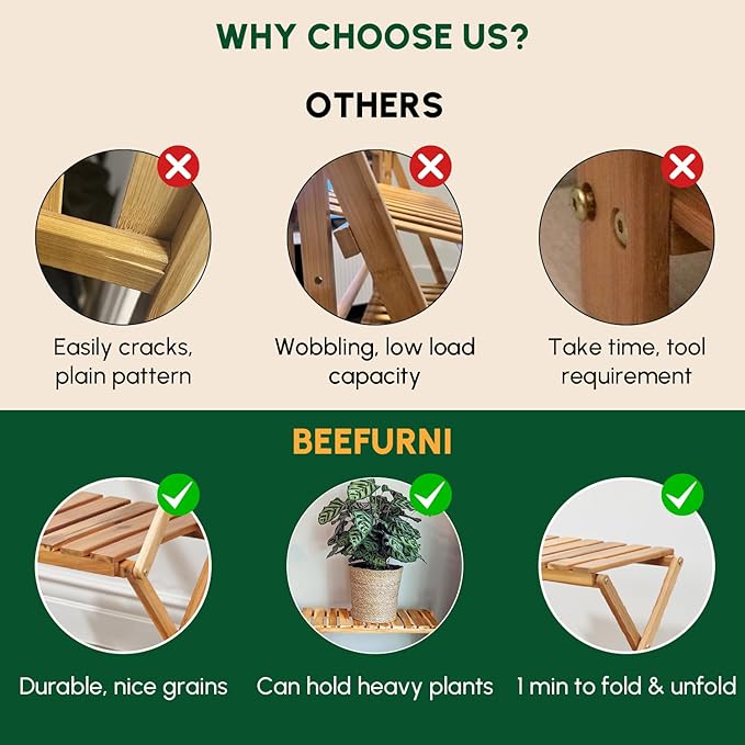 BEEFURNI Acacia Plant Stand Indoor, Wooden Outdoor Plant Stand, Foldable Plant Stand, 3 Tier Conner Space Flower Stand, Plant Ladder Stand (Natural)