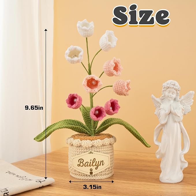 Crochet Flowers with Personalized Leather Name Tag Handmade Knitted Flowers for Home Office Desk Decor Crochet Lily of the Valley Flower Pot for Women,Teachers, Birthday Crochet Gifts(Pink)