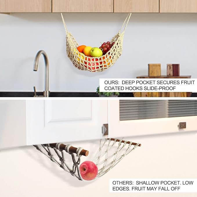 Fruit Hammock for Kitchen Under Cabinet,Large Macrame Fruit Hammock for Kitchen Décor,Storage That Saves Counter For More Counter Space at Home, Boat, or Rv,with 4 Hooks.(nature)