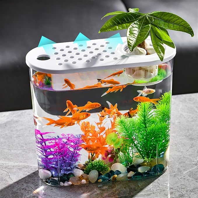 Decor Transparent Acrylic Fish Tank with Breathable Lid and Easy to Move Carrying Handle Living Room Office Desktop Decorative Fish Tank Planter Starter(Black)