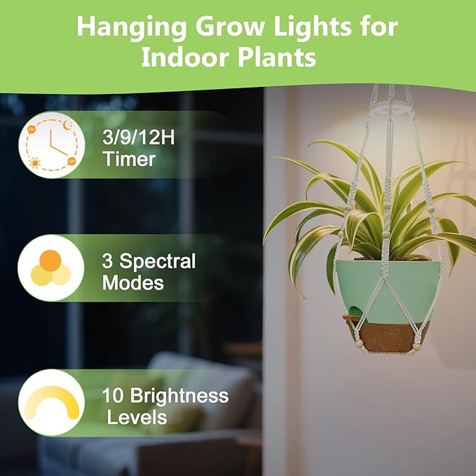 Hanging Planters for Indoor Plants: 2 Pack Macrame Plant Hangers with Grow Lights and Self-Watering Pots, Large Hanging Pots with Drainage Holes & Removable Tray（10in Green Pot, Daylight Spectrum）