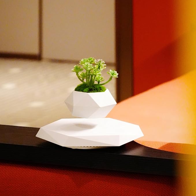 Levitating Plant Pot, Magnetic Levitation Flower Pot Rotating Planters Suspension Floating Plant Succulents Potted for Home Living Room Office Desk Decoration (White)
