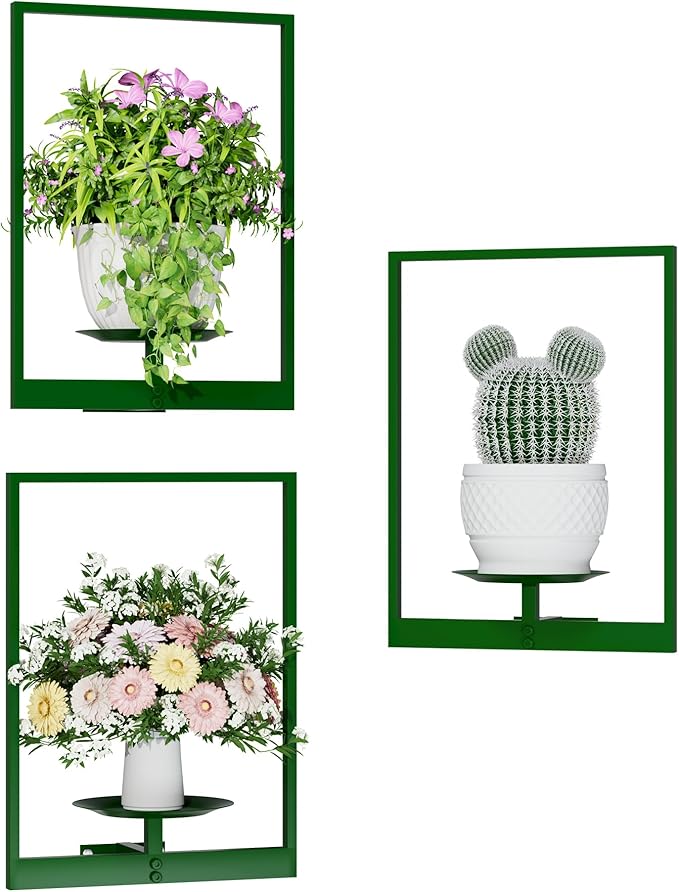 Green Metal Wall Plant Holder - 3-Pack Wall Mounted Plant Stands and Hanging Holders for Indoor Planter and Flower Pot -Rectangle Decor Shelf for Plant Storage (Pot Not Included)