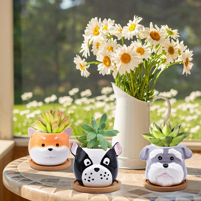 6 Pack Cute Dog Succulent Pots with Drainage – Ceramic Puppy Planters for Small Plants & Cactus, Animal Shaped Mini Flower Pots, Desk & Home Décor, Gift for Dog Lovers, Office, Balcony, Garden