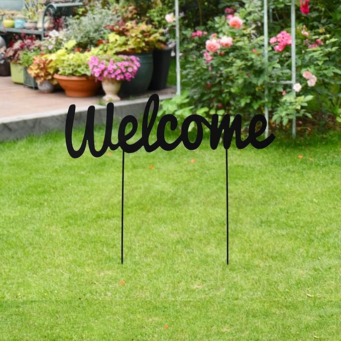 Metal Letters Garden Stakes Yard Art Word Sign Lawn Decoration Indoor Outdoor Plant Pot Decor Decorative Stick for Patio Pathway Flower Bed (Welcome)