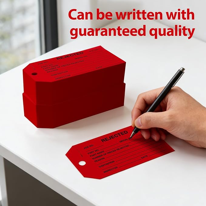 100 Pack Rejected Tags with Wire - Red Defective Product Inspection Tags, Cardstock 4-3/4" x 2-3/8" for Manufacturing Quality Checks