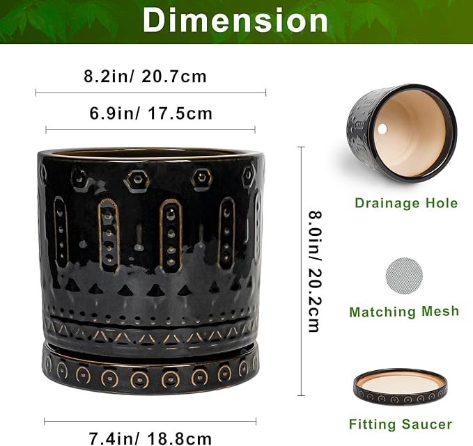 Eightpot Ceramic Pot for Plants - 8 Inch Plant Pots Indoor with Drainage Hole and Saucer, Decorative Round Planter Outdoor, Boho Ceramic Planter for Flower, House Garden Decor, Gardening Gifts, Black