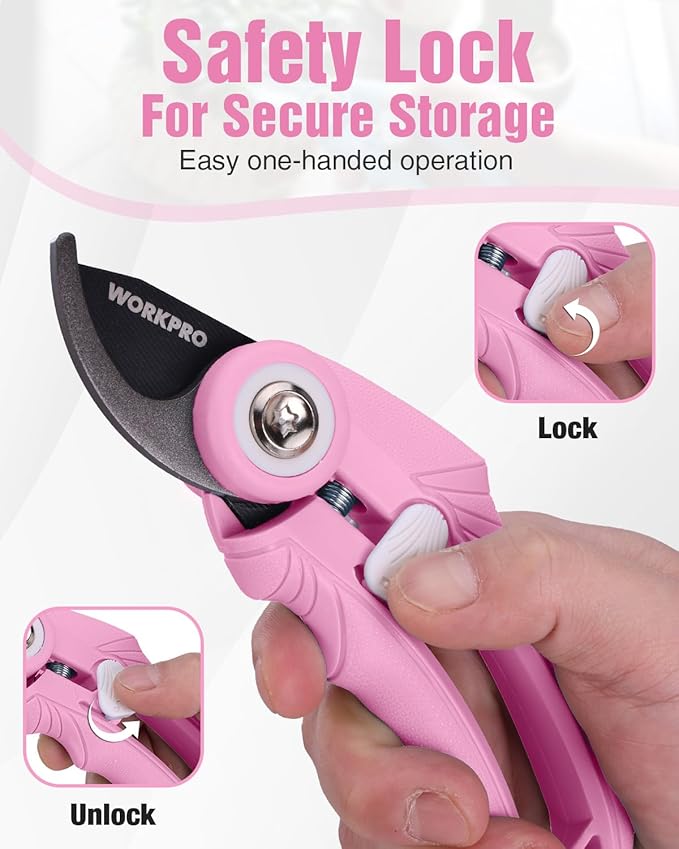 WORKPRO 2-Pack 6.9" Garden Pruning Shears, Bypass & Straight Gardening Scissors with SK5 Steel Blade, Handheld Garden Floral Clippers for Rose, Plants, Flowers, Gardening Gifts for Women, Pink Ribbon
