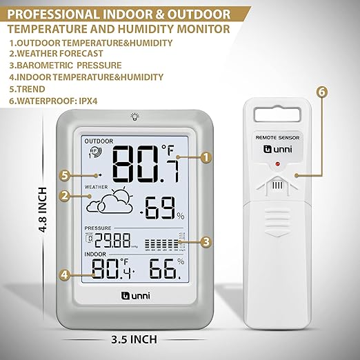 Wireless Weather Stations, with 330ft Range Sensor and Adjustable Backlight Inside Outside Monitor (White)