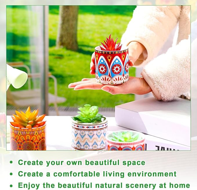 Zopeal 12 Pcs Mandala Ceramic Succulent Pots with Bamboo Trays, Colorful Boho Spring Decor Planters, Small Cactus Plant Pots for Desk Shelf Windowsill, Fiesta Home Decor