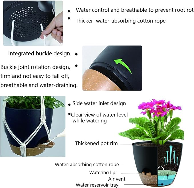 Hanging Planters with Macrame Plant Hangers for Indoor Outdoor Plants, 3 Set Hanging Baskets Flower Pots Holders 35''/27''/21'', Self-Watering Pots 7''/6''/5.5'', Boho Home Decor, Black