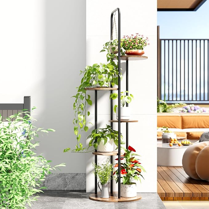 REFGY Tall Plant Stand Indoor - 5 Tier 6 Potted Vertical Plant Shelves with Hanging Hook - Multi-Tiered Wood Textured Plant Tower for Corner Space - Metal Plant Table for Home Office Decor, Rustic Brown