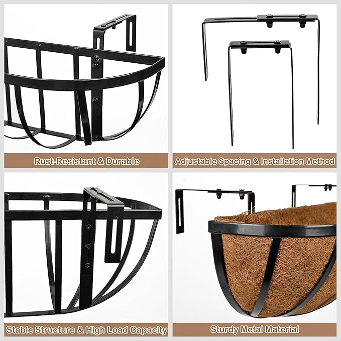 24 Inch Railing Planter Boxes with Adjustable Brackets for Hanging Outdoor Plants, Window Box Planter with Coco Liner for Balcony Deck Porch & Patio Garden Decor, 2 Pack & Black