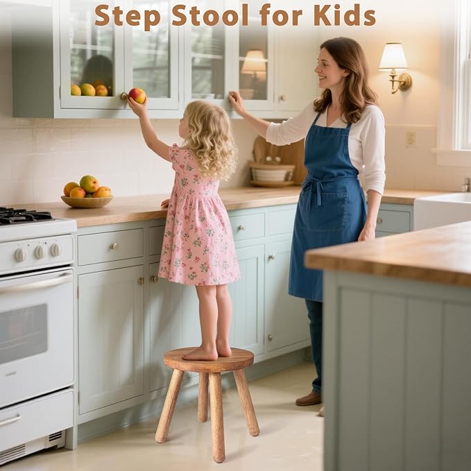 Round Solid Wooden Step Stool, 9.3''H Non-Slip Indoor Plant Stand, Portable & Sturdy Wooden Plants Stand, Gardening Display Footstool for Decor Living Room Patio -Walnut
