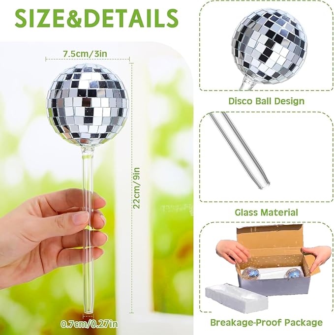 2 Pcs Plant Watering Globes with Disco Ball Decor,Self Watering Bulbs,Self Watering Globes,Sliver Glass Mirror Disco Ball Plant Aqua Bulb,Watering Stakes Spikes Water Bulbs for Indoor Outdoor Plant