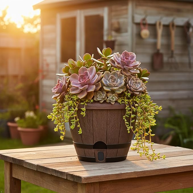 Sun-E 10 inch Plant Pots Self Watering Whiskey Barrel Planters with Drainage Hole&Saucer, Garden Home Indoor Outdoor Plants Pots, Planters for Indoor Plants, Gift Idea for Plant Lovers,Mixed Colors