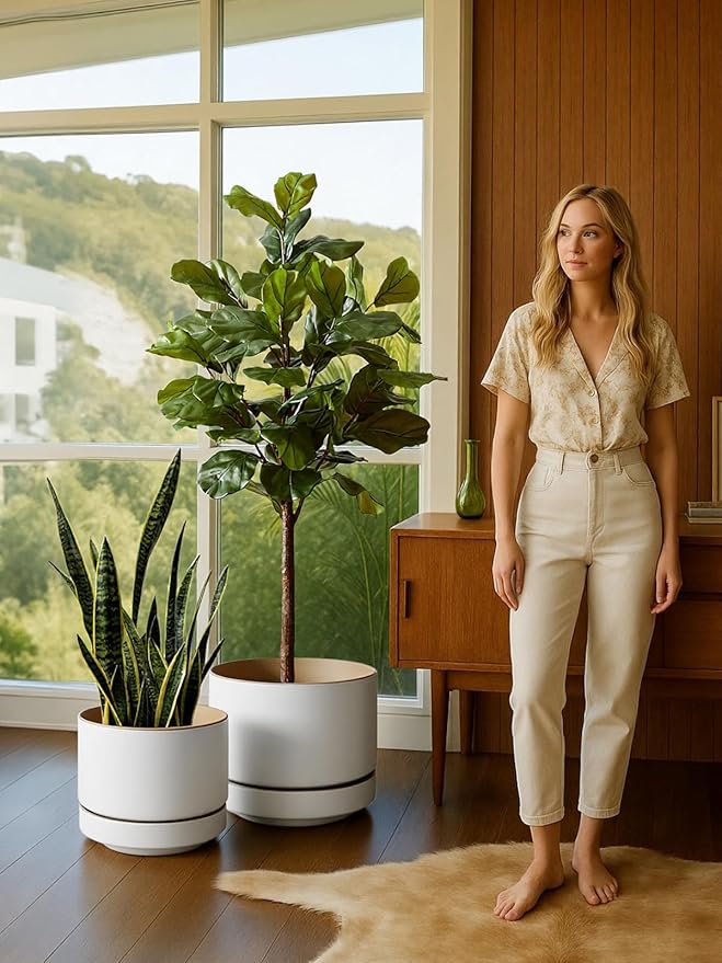 LE TAUCI 14 Inch Large Plant Pot with Saucer, Ceramic Outdoor & Indoor Big Planter with Drainage Hole, Mesh Pad Included, Matte Glazed Outside, Modern for Home and Patio, Alpine White & Ochre