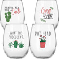 Succulent Plant Cactus Wine Gifts for Women- Set of 4 Funny Wine Glasses 15oz - Flower Lover Gift Mug - What the Fucculent- Crazy Plant Lady Glass Tumbler - Stemless Glasses Housewarming Gift