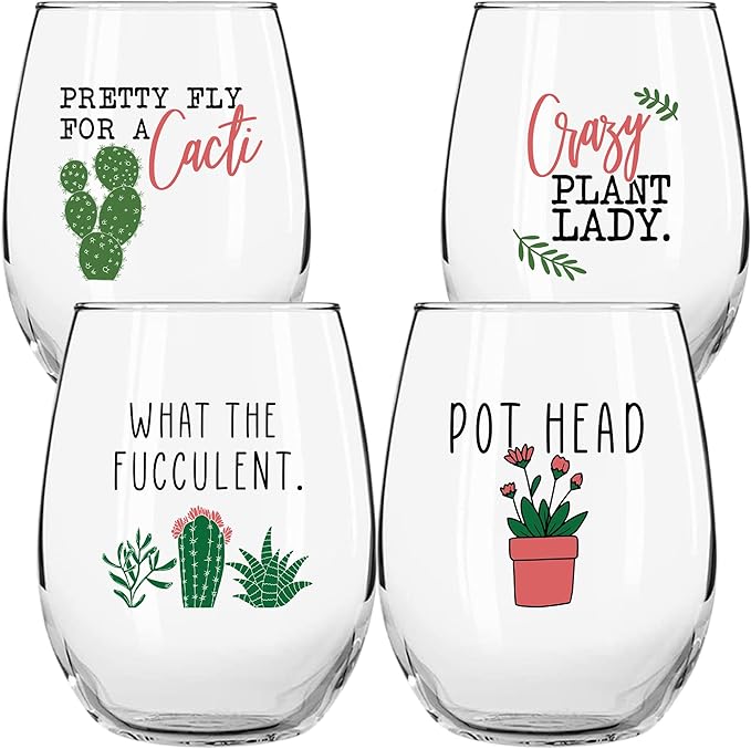 Succulent Plant Cactus Wine Gifts for Women- Set of 4 Funny Wine Glasses 15oz - Flower Lover Gift Mug - What the Fucculent- Crazy Plant Lady Glass Tumbler - Stemless Glasses Housewarming Gift