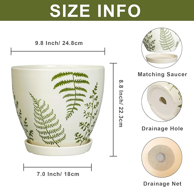 MPotTo Ceramic Planter - 10 Inch Plant Pot for Outdoor Flowers with Drainage Hole and Saucer, Boho Round Decorative Indoor Flower Pot, Gifts for Plants Lovers, Home Patio Garden Room Decor, White