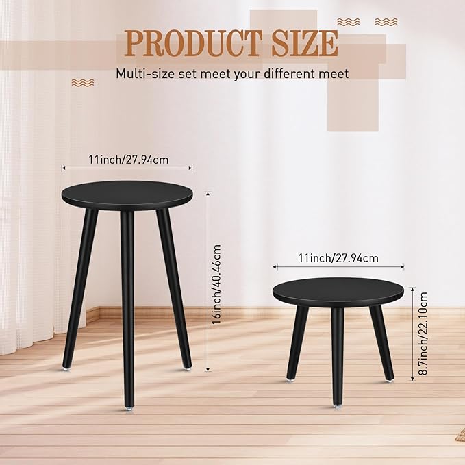 Briwooody 2 Pcs Indoor Plant Stand Mid Century Vintage Wood Modern Flower Pots Holder Round Side Table End Table Plant Stools for Living Room Corner Balcony Decor(Black)