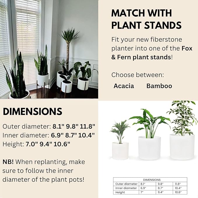 Fox & Fern Matte White Plant Pots with Drainage Plug (Set of 3) — Premium Lightweight Fiberstone 8, 10, and 12 Inch Planters for Indoor and Outdoor Use - Weather Resistant & UV Resistant