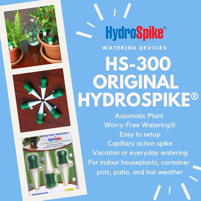 HS-300 (3-Pack) Worry-Free Automatic Plant Watering Devices Kit. Self Auto Waterer Spikes, Bulbs, Stakes Irrigation System for Indoor House Plants, Vacation. No Glass Globe Bottle, Jug, Can