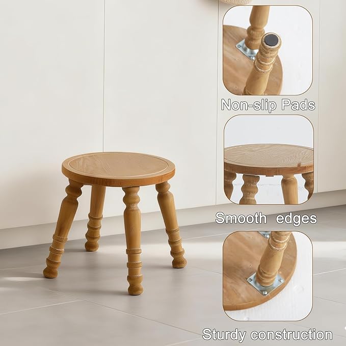 100% Solid Wooden Step Stool, Small Wooden Stool for Adults, Wood Plant Stools, Small Round Stool for Bathroom, Kitchen, Bedroom, Plant Stand