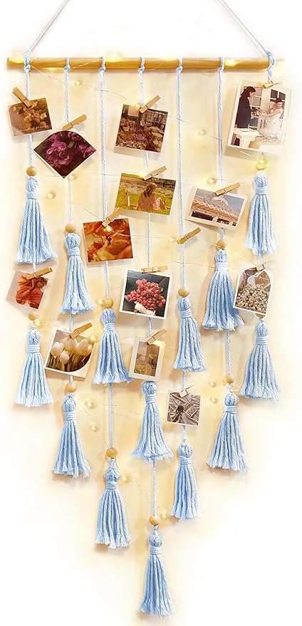 ANROYE Macrame Hanging Photo Display, Picture Holder with 30 Clips for Bedroom Wall, Polaroid Boho Gallery Hangers with LED Light String, Room Decor Gifts for 10 11 12 13 14 Year Old Teen Girl