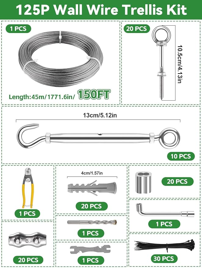 150FT Tensioned Wall Wire Trellis Kit for Climbing Plants, Kalolary T316 Stainless Steel Garden Trellis with Turnbuckle Tensioner Wall-mounted Fence Plant Trellises for Outdoor Wall Garden Fence Grape