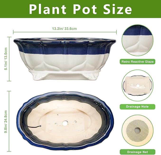 Ceramic Bonsai Tree Pots - 13.2 Inch Succulent Pots with Drainage Hole, Large Succulent Planters for Indoor Outdoor Plants, Shallow Bonsai Planter, House Decor, Gardening Gift, Oval Beige-Blue