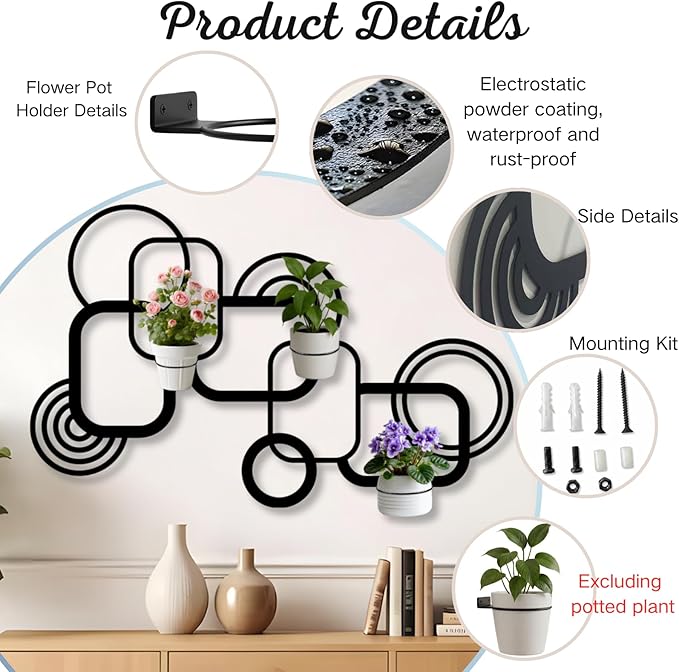 OZF Geometric Metal Wall Mounted Plant Holder, Metal Wall Plant Holder for Indoor, Geometric Line Hanging Planters for Living Room,Office (Gold, 47"x 29"| 120x75cm, 3 Pack 8" Flower Pot Holder Ring)