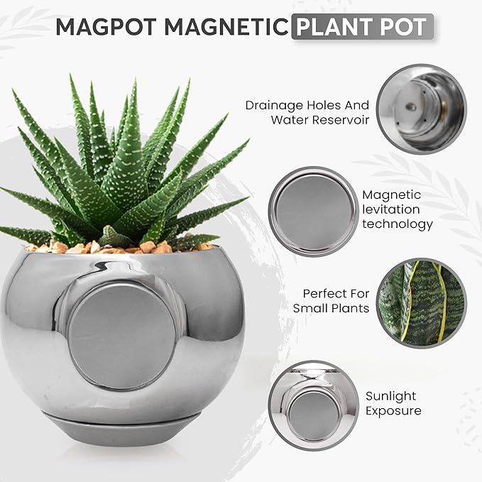Magnetic Plant Pot - Unique Window Planter for Herbs, Succulents, Indoor & Outdoor Greenery - Self-Adhesive Magnet Attachment, Drainage Holes, Detachable Reservoir - Silver