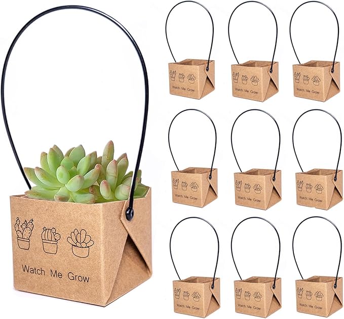 100Pcs Watch Me Grow Succulent Wrap, Fits 2 Inch Pots Succulent Wrap Bag with Plastic Handle Kraft Paper Sleeve SucculentTags for Shower Party Favors Ideas(100PCS)