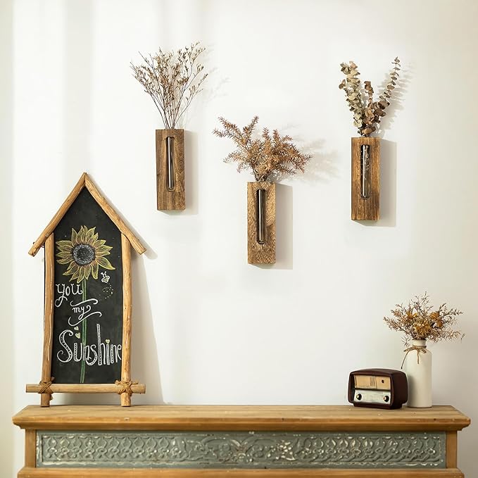 Wall Hanging Plant Propagation Station: Wood Farmhouse Wall Decor for Livingroom Kitchen - Hanging Glass Planter Tubes for Indoor Dried Flowers Eucalyptus Gifts for Women Plants Lovers