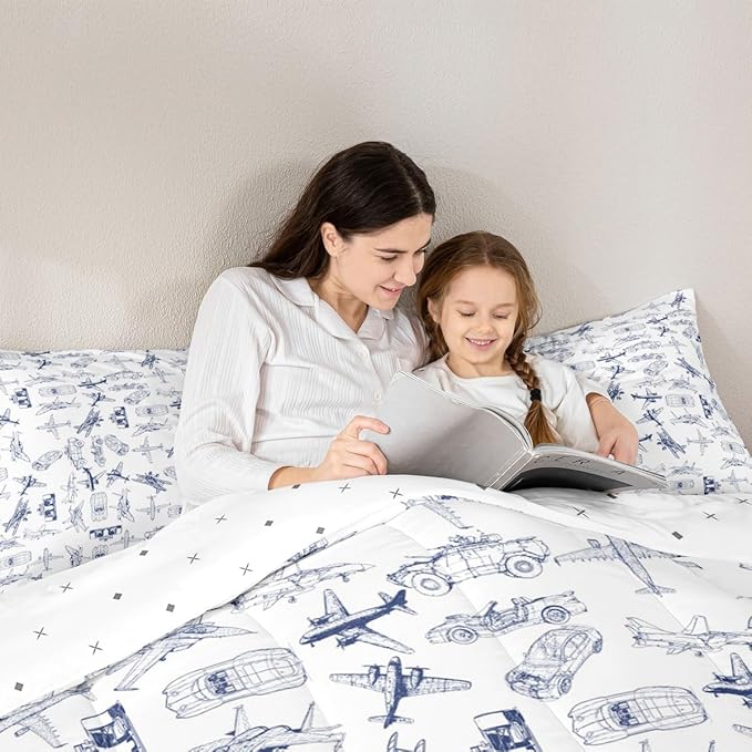 Feelyou Aircraft Bedding Set Kids Airplane Print Comforter Set Boys Girls Decor Aircraft Flying Comforter Cover Set Microfiber Sketch Style Blue White Duvet Set Bedroom Quilt Set Full Size