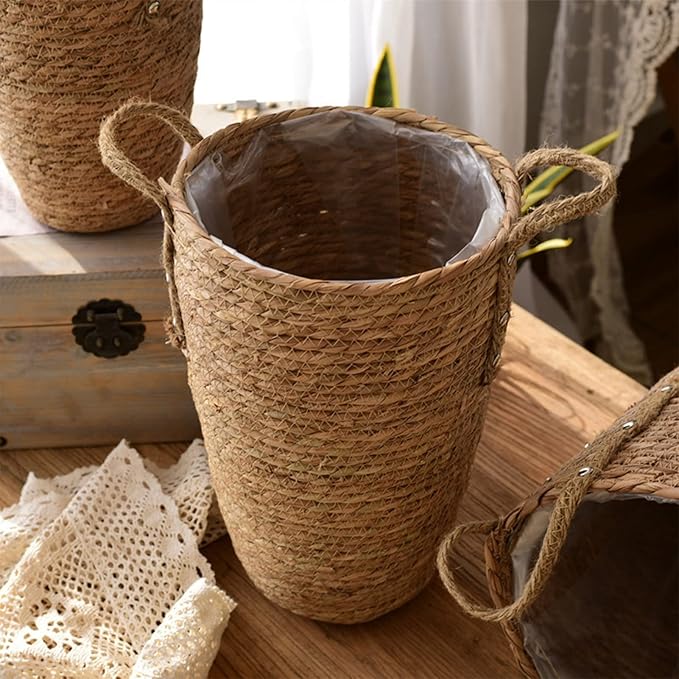 Wnvivi Grass Woven Flower Basket,Rustic Rattan Flower Pot with Plastic Liner,Seagrass Garden Planter Basket,Handwoven Storage Container (L)
