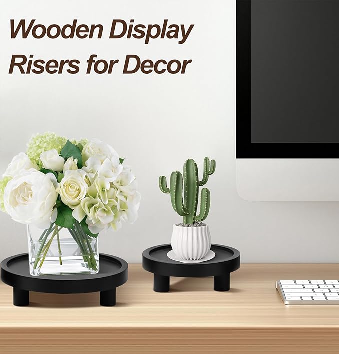 3 Pcs Wooden Risers for Display, Round Wood Riser Plant Stand 5/6/8" Pedestal Stand, Flower Pot Holder Small Planter Tray for Kitchen Home Décor (Black)