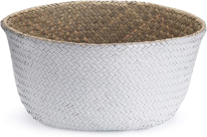 Seagrass Plant Basket with Handles Natural Woven Storage Baskets (White XL (10.6" D x 12.5" H))