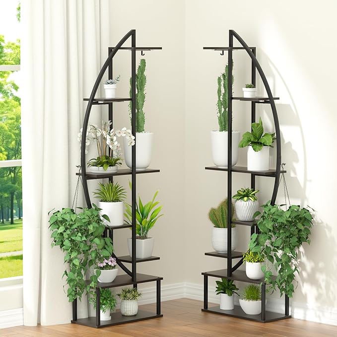 Plant Stand Shelf Indoor with 6 Grow Light, 7 Tiered 65" Tall Black Large Half Moon Lighted Plant Rack Holder, 2 Pack Big High Circular Arch Multi Herb Stand with Built in LED Grow Light Set