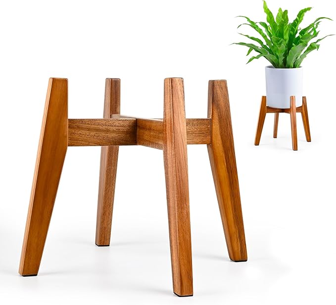 RAINBLELAND Acacia Wood Plant Stand for 9 Inch Pots, Mid Century Modern Indoor Plant Stand, Solid Hardwood, Non-Adjustable Flower Pot Holder for Home and Patio Décor